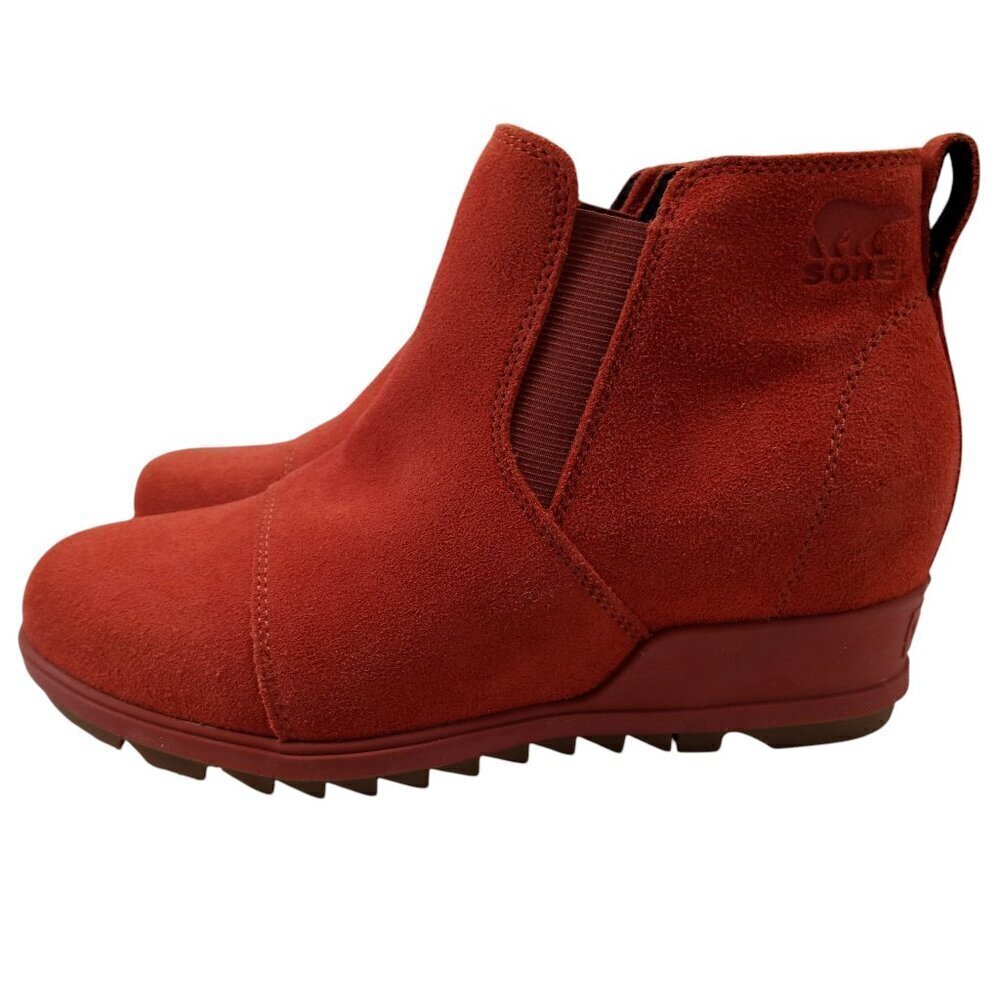 Sorel Evie Pull On Suede Wedge Boots Booties Size 8.5 Warp Red Ankle Chelsea - Picture 6 of 14